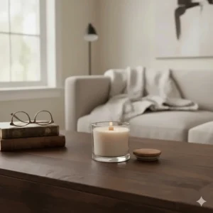 A luxury sandalwood candle placed on a coffee table next to a stack of books, creating a cozy and sophisticated home atmosphere.