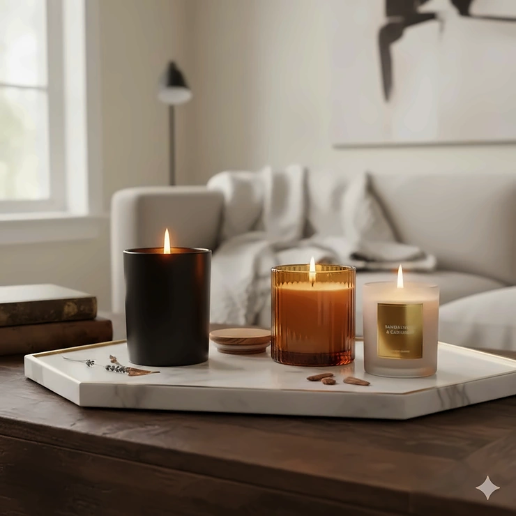 A curated set of luxury sandalwood candles arranged on a marble tray, casting a warm, inviting glow in a modern living room.