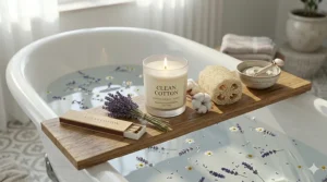 A clean cotton candle placed on a bathtub tray next to a loofah and skincare products for a spa-like experience.