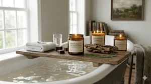 Relaxing spa-like bathroom setup featuring a lit mahogany teakwood candle near a soaking tub.