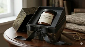 A mahogany teakwood candle inside a premium black and gold gift box with a ribbon.