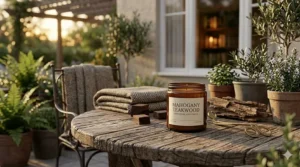 A rustic mahogany teakwood candle on an outdoor wooden table during sunset.