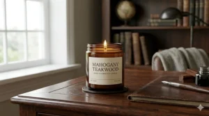 A dark mahogany teakwood candle placed on a leather-top desk next to a vintage fountain pen.