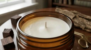 Close-up of the smooth white soy wax of a mahogany teakwood candle before lighting.