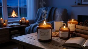 A minimalist amber glass bonfire candle with a simple white label on a neutral stone surface.