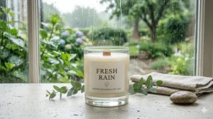 A minimalist glass jar candle labeled fresh rain against a clean, white background.