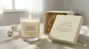 A clean, modern white candle jar with a "Clean Cotton" label against a neutral beige background.