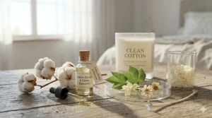 Botanical illustration showing cotton blossoms and essential oil droplets used in clean cotton candle making.