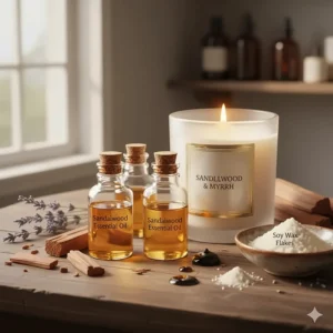 Glass vials of raw sandalwood essential oil beside a luxury sandalwood candle, highlighting natural ingredients.