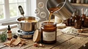 Graphic showing a natural soy wax pour into a glass jar for an eco-friendly cedarwood candle.