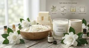 Hand-poured fresh gardenia candle made with natural soy wax and a cotton wick.