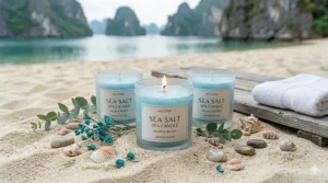 Light blue sea salt spa candles arranged on a bed of sand with decorative seashells.
