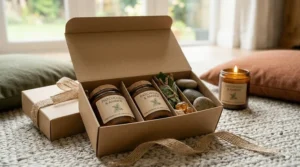 Hand-poured patchouli essential oil candles in a decorative gift box with a ribbon.