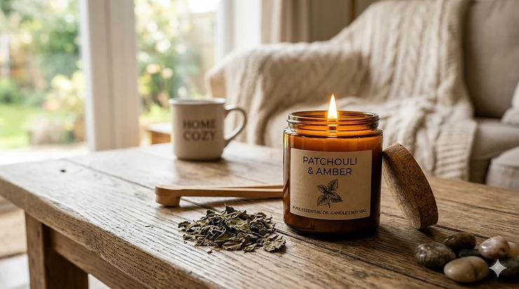 A luxury patchouli essential oil candle burning on a wooden coffee table next to dried patchouli leaves.
