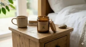 A minimalist glass jar candle with patchouli oil sitting on a bedside nightstand.