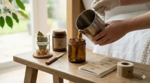 A close-up of hands pouring melted wax mixed with patchouli oil into a glass jar.