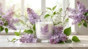 Stylized illustration of blooming purple lilac branches surrounding a minimalist glass jar candle.
