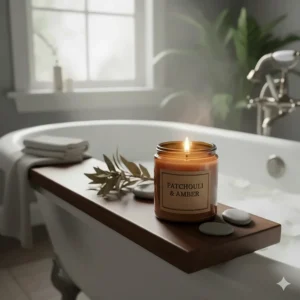 An amber jar patchouli candle glowing next to a bathtub for a relaxing aromatherapy experience.
