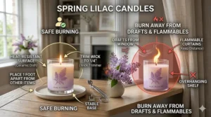 An illustration showing a spring lilac candle burning safely on a heat-resistant surface away from curtains.