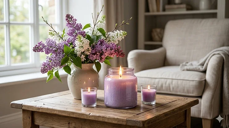 A cozy home interior featuring lit spring lilac candles on a wooden coffee table next to a vase of fresh purple flowers.