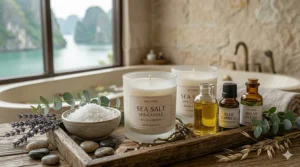 Sea salt spa candles surrounded by glass bottles of essential oils and ocean botanicals.