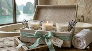 An aesthetically pleasing gift box containing three sea salt spa candles with a silk ribbon.