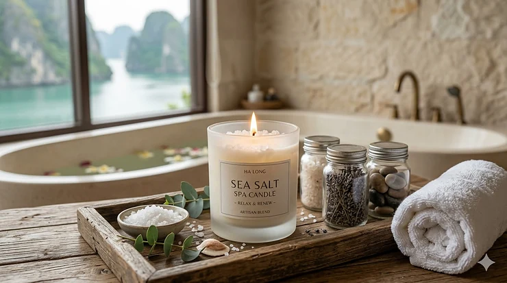 A luxury set of sea salt spa candles on a wooden tray with a stack of white towels and dried lavender.