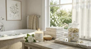 A relaxing bath setup with a fresh gardenia candle and rolled white towels.