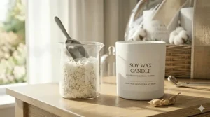 Illustration of eco-friendly soy wax flakes and clean linen candles.
