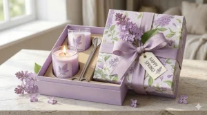 An illustration of a gift-wrapped box containing multiple spring lilac candles and a ribbon.