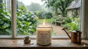 Artistic illustration of a gentle spring rain shower and a decorative candle.