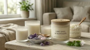 An artistic graphic of lime basil candles used for aromatherapy and stress relief.