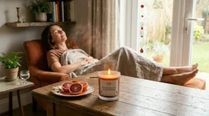 Illustration of a person relaxing with a blood orange candle to show its uplifting and energizing benefits.