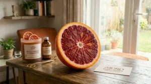 Vibrant stylized illustration of a deep red blood orange slice used as a visual metaphor for candle fragrance.