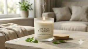 A minimalist illustration of a burning lime basil scented candle on a wooden table.