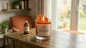 Close-up illustration of a natural cotton wick burning cleanly in a blood-orange-scented candle.