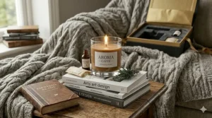 An espresso candle burning on a stack of books next to a soft wool blanket in a dimly lit room.
