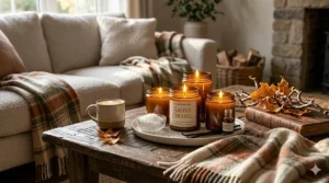 A cozy living room setup featuring the warm glow of salted caramel candles during autumn.