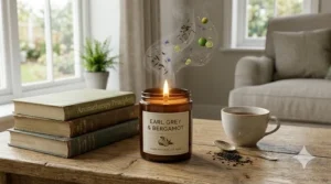 Gentle steam rising from an earl grey bergamot scented soy candle creating a relaxing home atmosphere.
