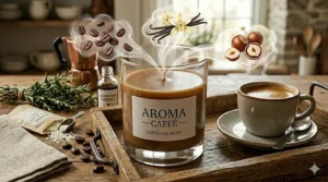 Visual representation of espresso candle notes including dark roast coffee, vanilla, and hazelnut.