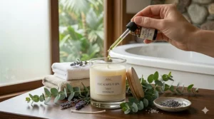 Detailed illustration of pure essential oils being infused into a hand-poured eucalyptus spa candle.