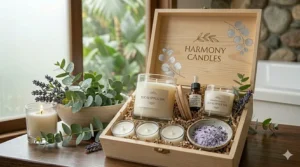 A beautifully curated gift box containing a variety of eucalyptus spa candles and wellness accessories.
