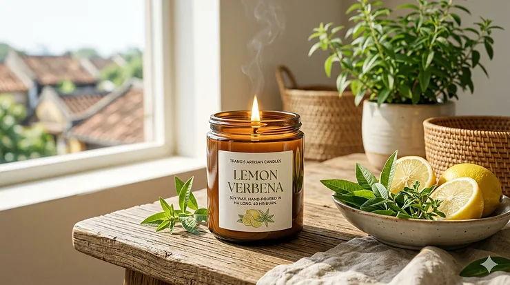 A luxury hand-poured lemon verbena candle in a glass jar surrounded by fresh citrus slices and green leaves. lemon verbena candles