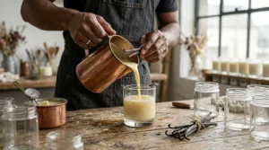 A photorealistic 4K close-up photograph capturing melted soy wax, infused with dark vanilla flecks, being carefully poured from a copper pitcher into a glass jar with a centered wick held by a centering tool on a rustic wooden workbench, under soft, natural daylight in an artisan workshop.