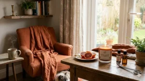 Minimalist illustration of a cozy living room nook featuring a glowing blood orange candle for ambiance.