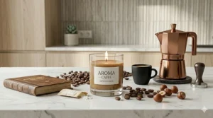 An espresso candle placed on a marble kitchen countertop near an Italian moka pot.