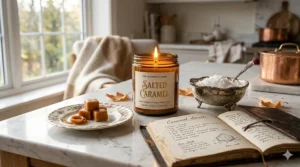 A decorative arrangement of salted caramel candles on a kitchen island near a plate of sweets.
