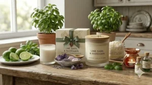 A bright kitchen scene featuring fresh lime basil candles to eliminate cooking odors.