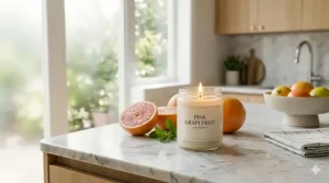 A photorealistic image of a pink grapefruit soy candle on a modern marble kitchen counter, surrounded by fresh grapefruit, providing a fresh and clean citrus scent.