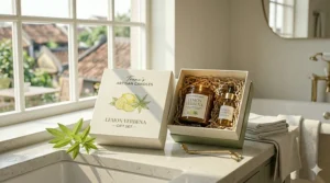 A beautifully wrapped lemon verbena candle gift box with a ribbon and a sprig of fresh herbs.